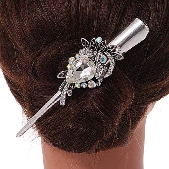 Vintage Inspired Silver Tone Crystal Floral Hair Clip Long Thick Hair main image 5